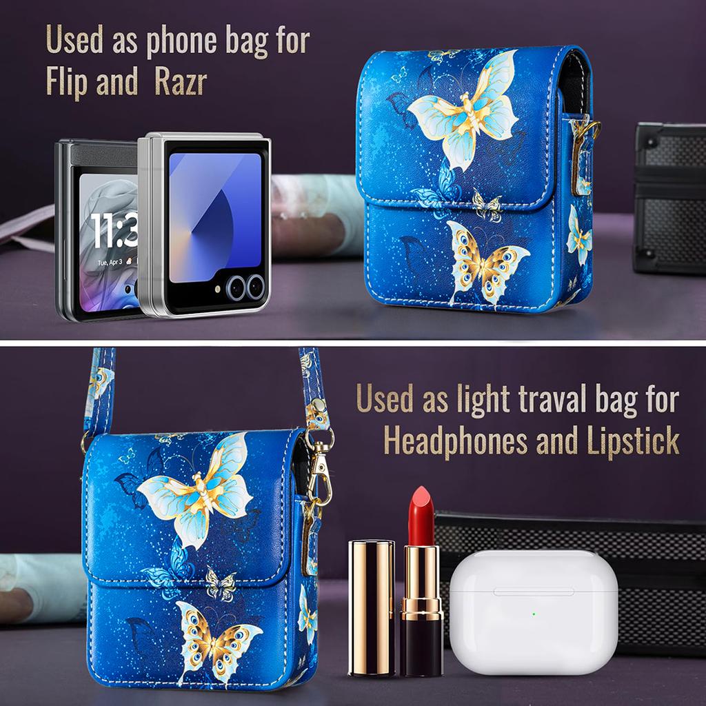 Portafoglio con Slot per Carte a Tracolla Custodia in Pelle per Samsung Galaxy Z Flip 7 FE 6 5 4 5G Cordino Lungo Fantasia Carina Farfalla Cover per Telefono