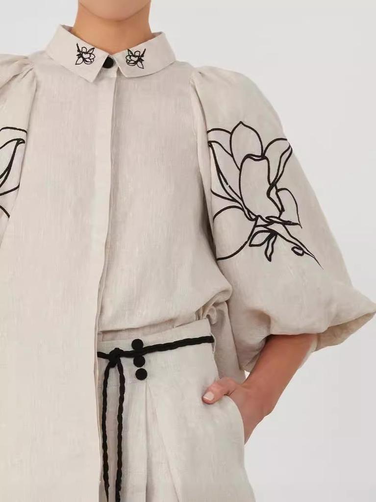 High-End Fashionable Cotton Linen Embroidery Wide-Leg Pants Suit for Women