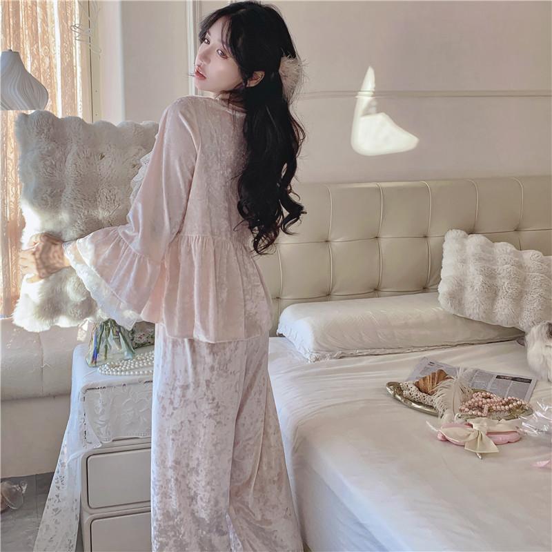 Sweet Princess Sleepwear Velvet Pajamas Women Autumn Winter Sleepwear Long Sleeve Casual Nightwear Pyjama Set Loose Home Clothes