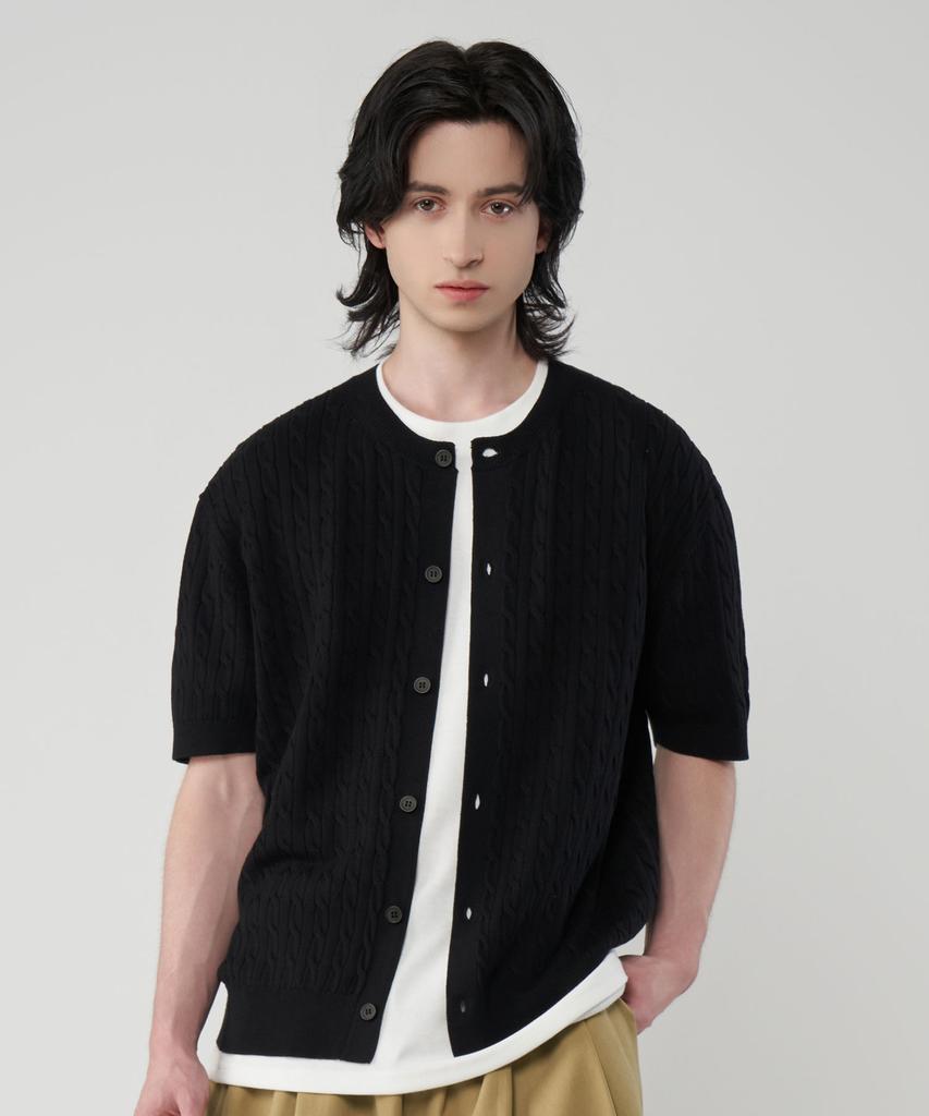 UNTAPPED STUDIO Washable Cool Cotton Cable Short Sleeve Round Button Knit 3 Colors