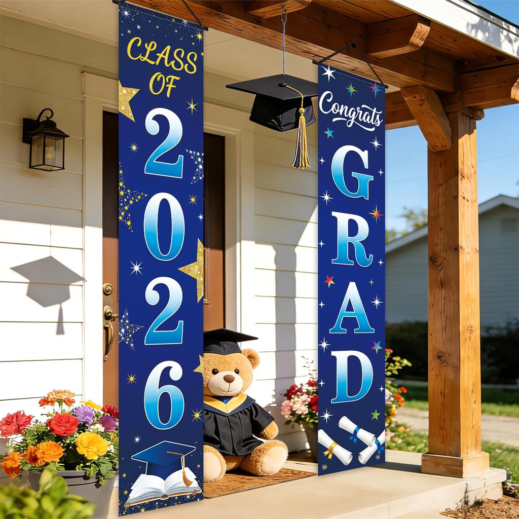 1 Set Polyester Graduation Door Banner Set Class of 2026 Pattern Hanging Porch Signs for Graduation Party Front Door Porch Decor
