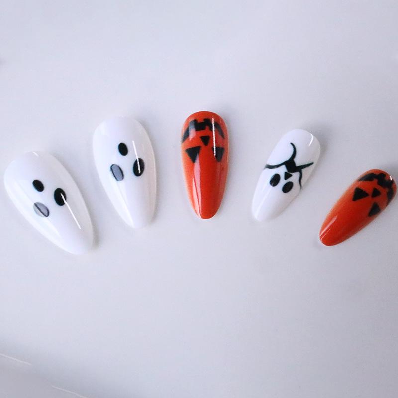 Hot-selling Manicure Halloween Cute Orange Pumpkin White Ghost Long Almond Wearing Nail Piece