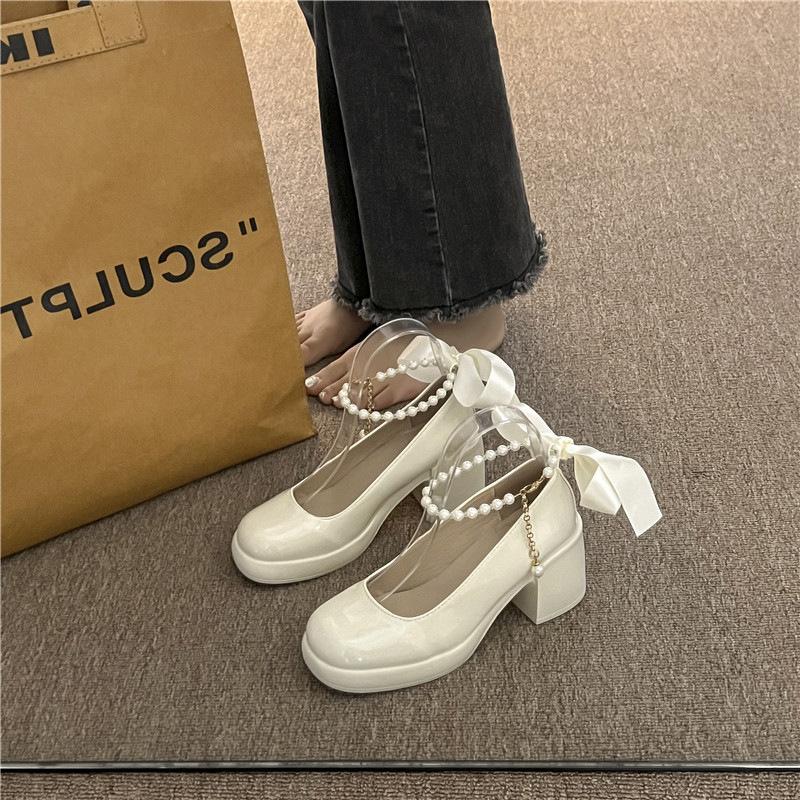 

Super high heel single shoes children s 2024 spring and autumn new waterproof table thick heel pearl Mary Jane shoes large size small leather shoes 40 білий