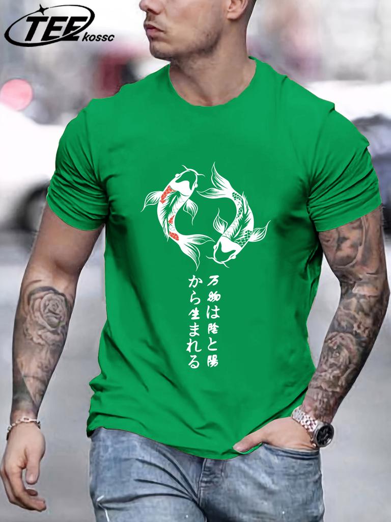 Japanese Harajuku Koi Art Letter Men TShirt Fashion Clothing AllMatch Cotton Basics T Shirt Unisex Loose Summer Sportswear