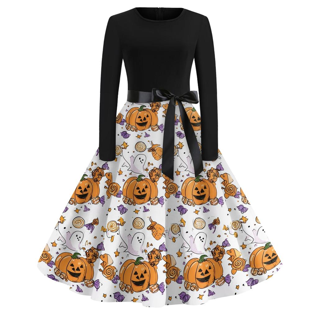 Women's Casual Vintage Dress Long Sleeve Round Neck Halloween Print A-Line Midi Dress with Waist Tie Belt Suitable for Daily Wear