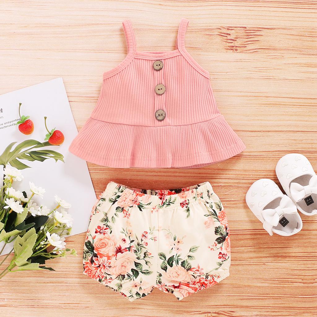 Toddler Baby Girls Ruffles Solid Suspender Tops Floral Printed Shorts Outfits