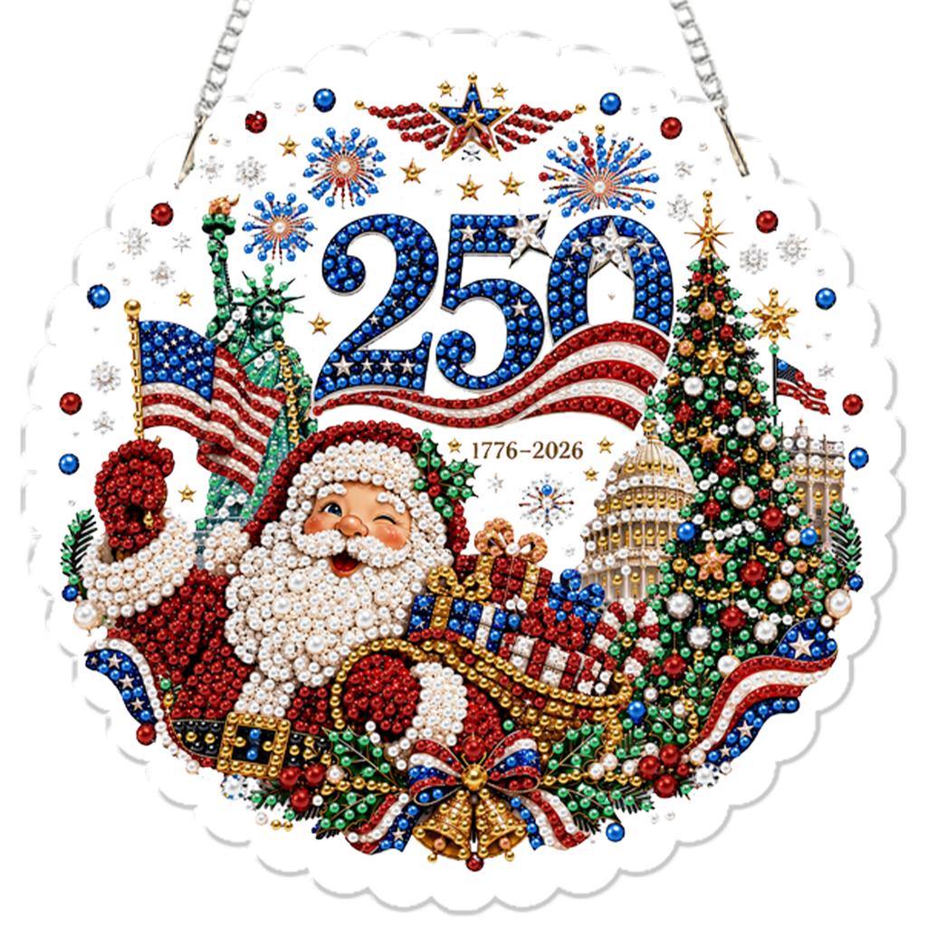 DIY Christmas Pearl Art Kit Acrylic Round Pendant with 3D Pearl Beads Chain Hanging Diamond Painting Craft for Festival Decor