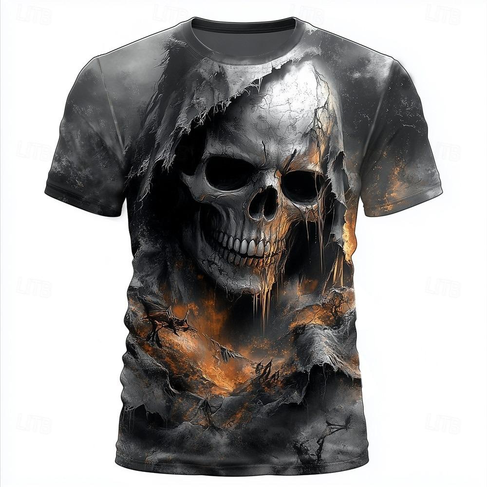 Men's Graphic Skull Flame Motorcycle T Shirt Casual Streetwear Short Sleeve T Shirt 3D Print Crew Neck Tees Top Vintage Clothing