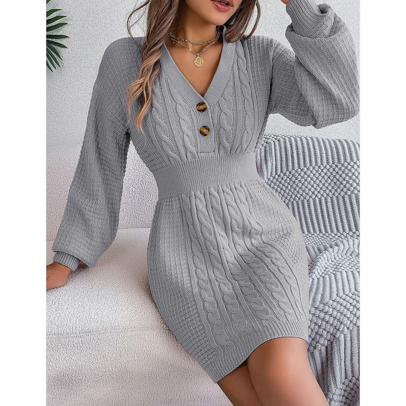 Women's Autumn/winter Twist Lantern Sleeve Hip Knit Button Sweater Dress