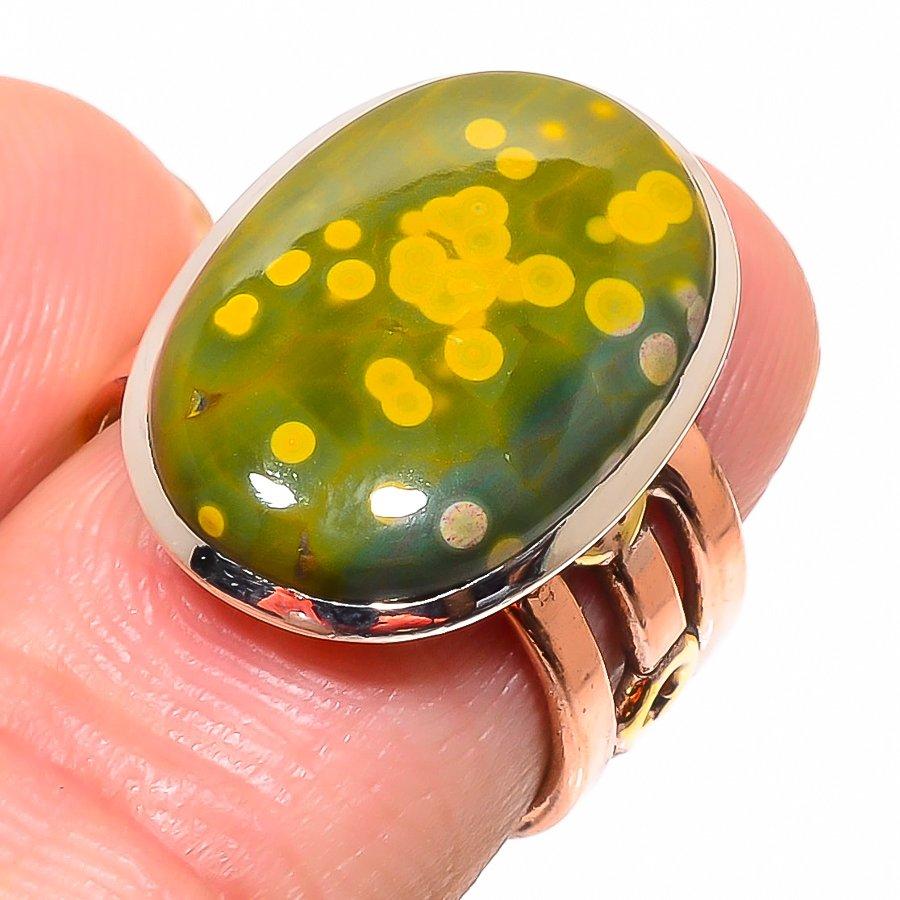 Pierre Gemme Jaspe Océan Naturel Bicolore Argent Sterling 925 Bague Cadeau T.6.5 W3h04