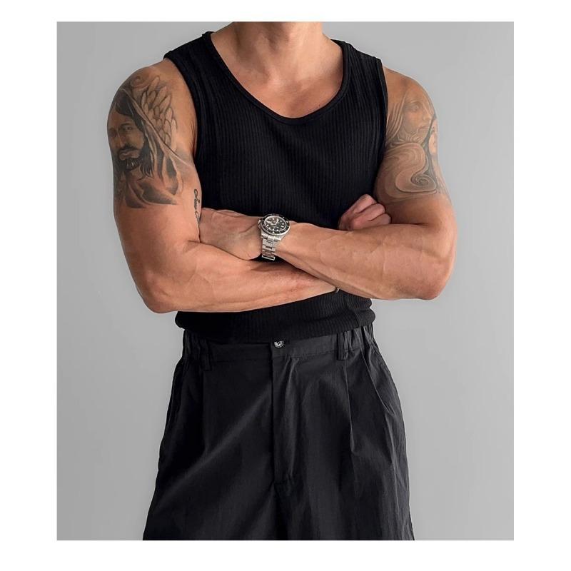 Herren Rippstrick Tanktop Slim Fit Ärmellos Muskelshirt Lässig Einfarbig Rundhalsausschnitt Weste