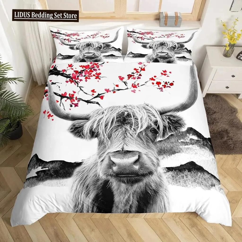 Highland Cattle Påslakanset Sött Blommigt Ko Dubbelt Sängklädesset Gul Solros Täcke Djur Polyester Quiltöverdrag