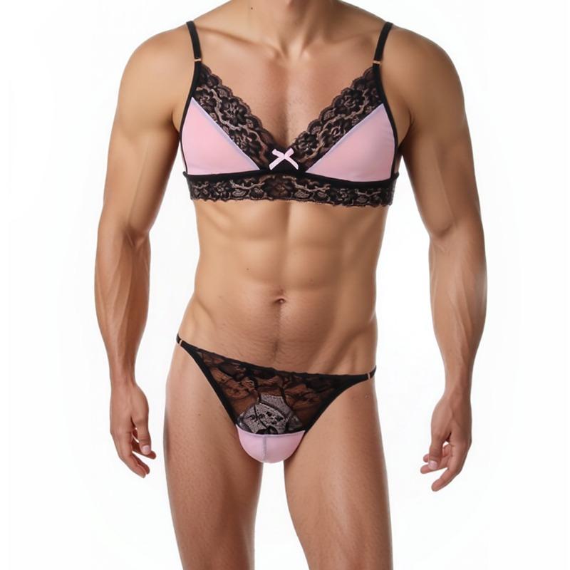 Conjunto de Lencería Sissy para Hombre con Ribete de Encaje Malla Transparente Sujetador Tanga Conjunto de Ropa Interior Outfits Exóticos para Crossdresser Gay Femboy Exótico Ropa de Dormir de 2 Piezas