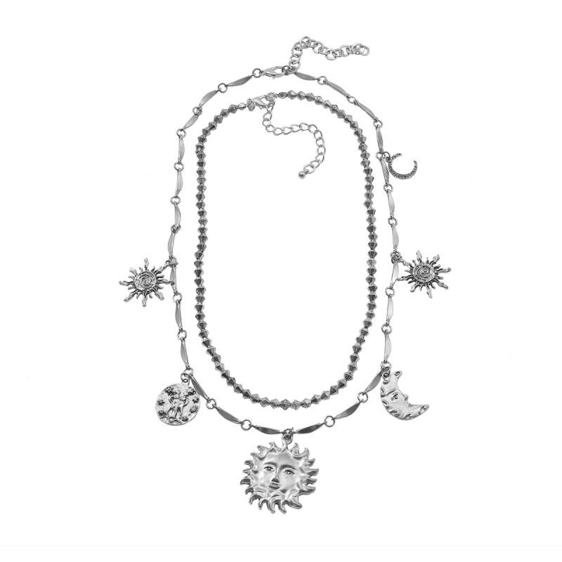 Layered Geometric Pendant Necklace With Sun Moon Star Motifs Women - Gold Alloy Fashion Jewelry