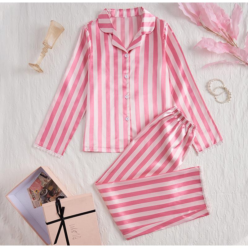 Women's Sleepwear Two Piece Set Spring Autumn Satin Long Sleeved Top Long Pants Two Piece Set Casual  Comfortable Home Suit Set