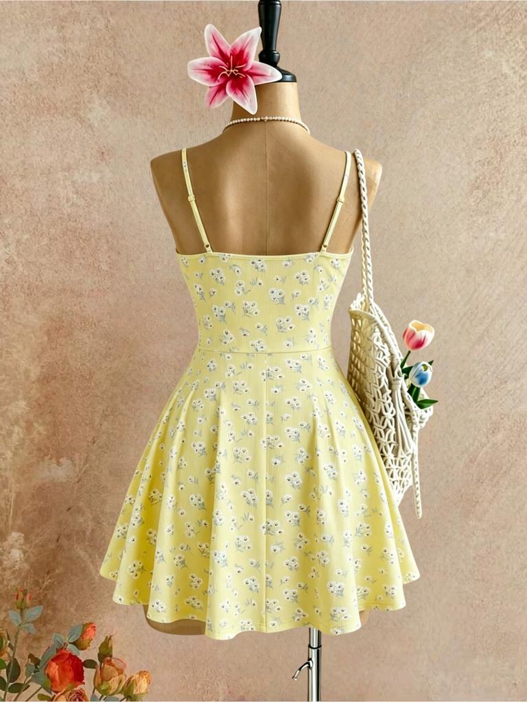Women Thin Spaghetti Strap Ditsy Floral Front Tie Ribbed Mini Skater Dress 2026 Summer Y2K Yellow Cute Beach Vacation Swing Shor
