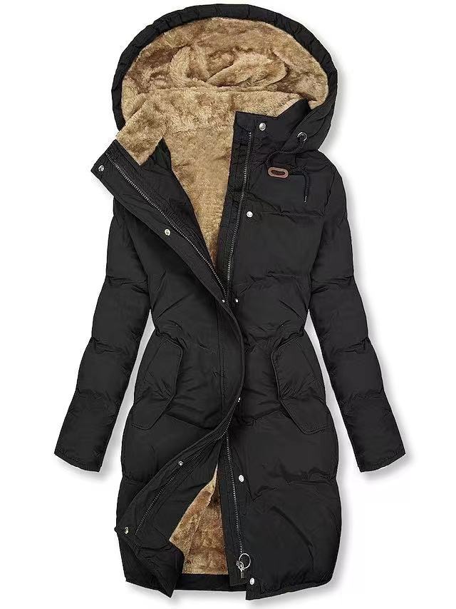 Women Mid Length Hooded Puffer Coat Fleece Lined Drawstring Waist Zip Up Thick Warm Winter Quilted Parka S-3XL S чёрный