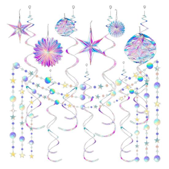 29 Pcs Iridescent Party Decorations Holographic Foil Fan Shiny Star Honeycomb Ball Hanging Swirls Decoration for Baby Shower Mermaid Themed Birthday