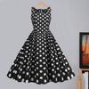 Women Dress Retro A-line Big Swing Tight High Waist Sleeveless Square Neck Dot Print Back Zipper Contrast Color 50s 60s