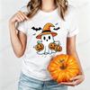 Halloween Schattige Geest Heksenhoed Print T-shirt voor Dames Cartoon Pompoen Vleermuis Grafische Tee Herfst Casual T-shirt Halloween Kostuum Tops