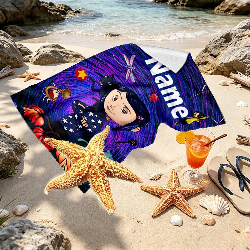Custom Name Personalized Coraline Print Beach Towel, for Trip Camping Beach Party Home Decor, Birthday Gift for Family & Friends