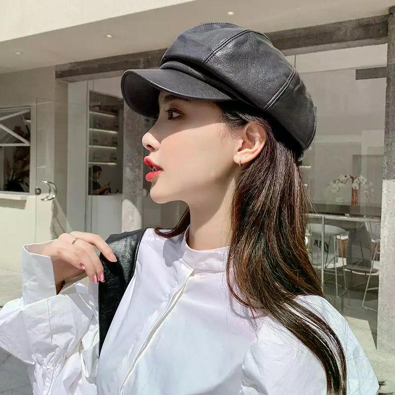 New Unisex PU Leather Beret Retro Korean Style Octagonal Newsboy Artist Cap For Photography Dates And Urban Commuting