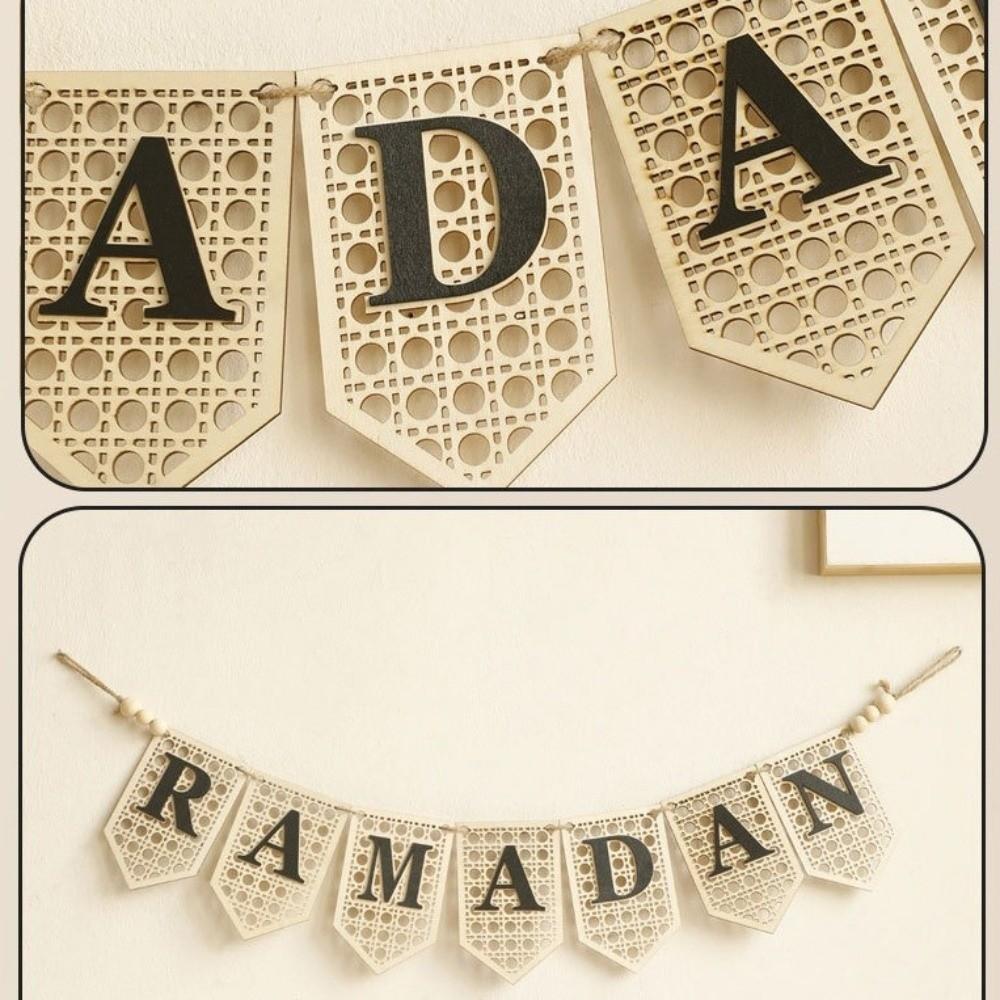 Hollowed Ramadan Decor Pendant Rustic Islamic Flag Garland Wooden Letter Banner  Islamic Festival