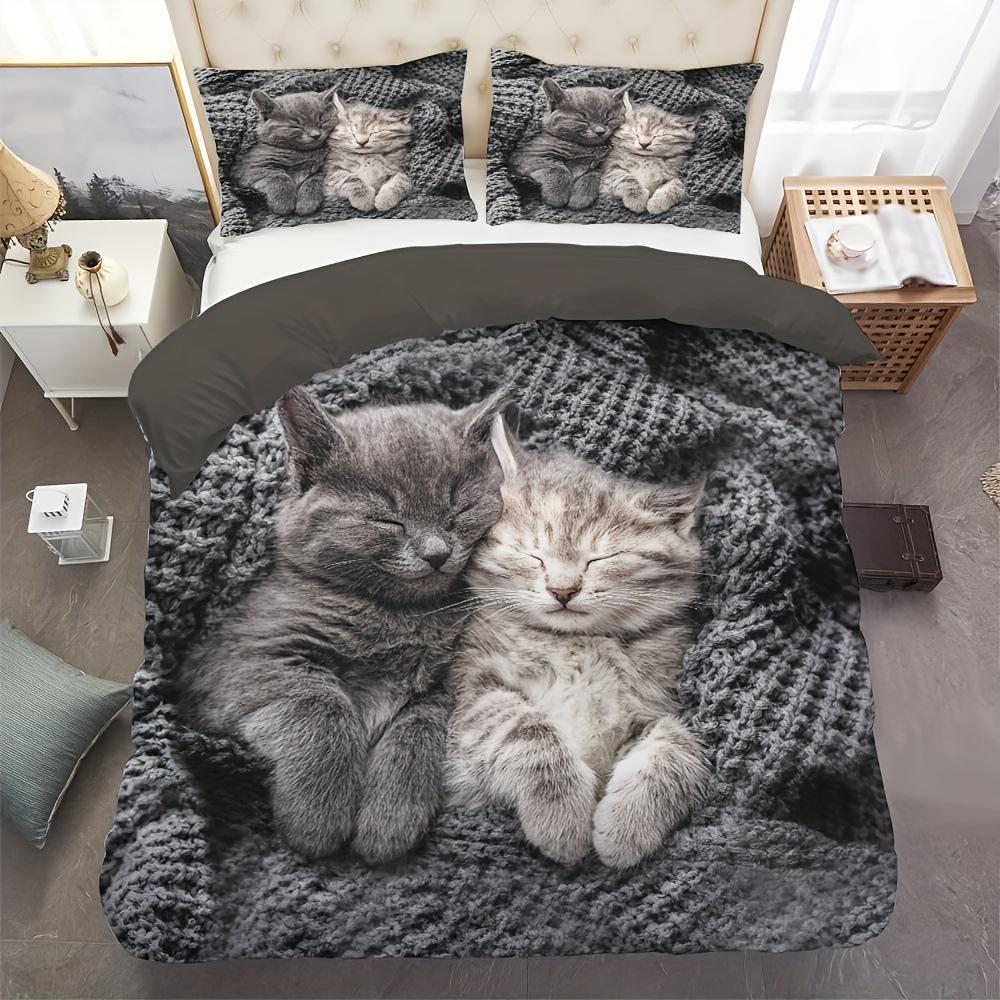Cute Cat Duvet Cover Bedding Three-Piece Set 3D Animal Digital Printing Quilt Cover
