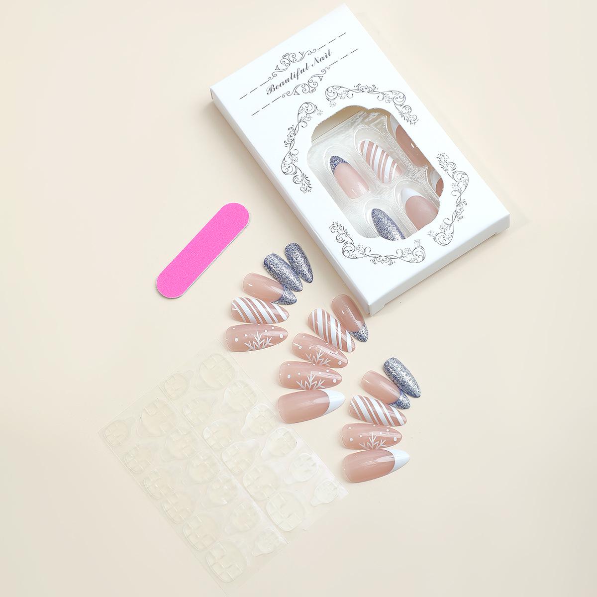 

Праздничные миндалевидные глиттерные типсы-снежинки - Белые, многоразовые накладные ногти