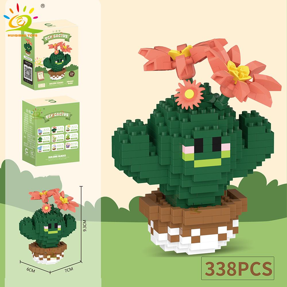 HUIQIBAO Mini MOC Cactus Potted Plant Micro Building Block 3D Diamond Flower Desk Decoration Model Brick DIY Toys for Children