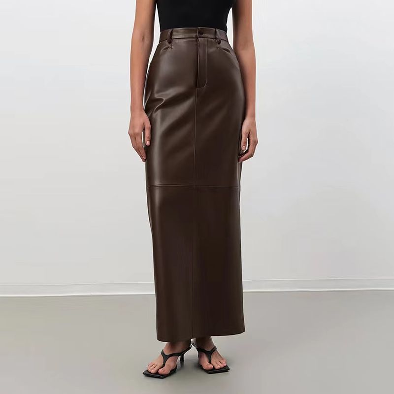 

French style PU Leather High Waist Slim fit Straight Skirt Split Skirt High Waisted Pu Split Skirt Brown L