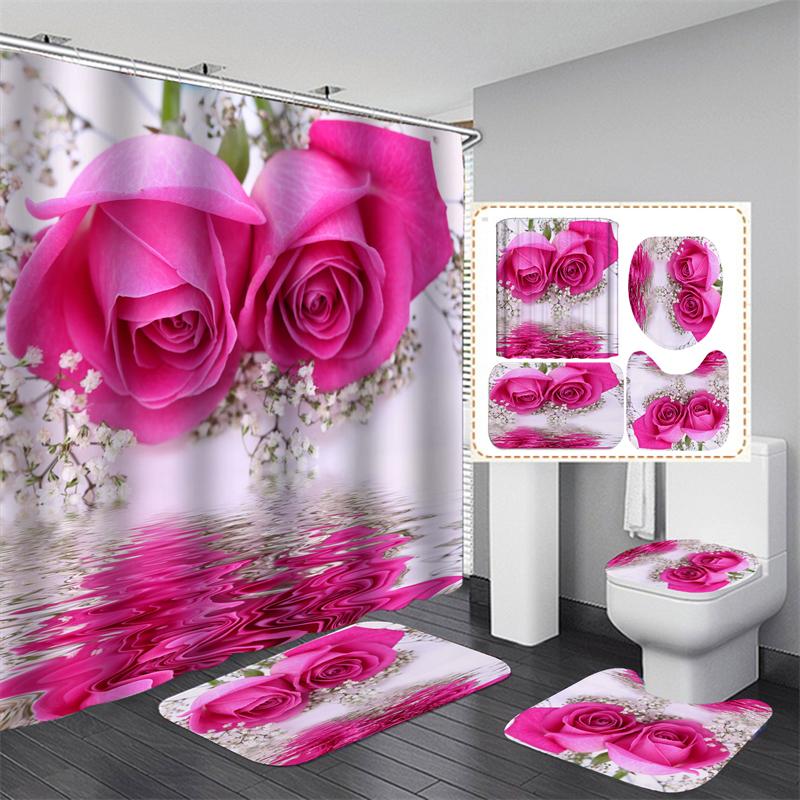 Valentine's Day Bathroom Bathing Waterproof Shower Curtain Home Entrance Doormat Bathtub 4Pcs Set Toilet Seat Cover Rugs Bath Non-Slip Floor Mat Love