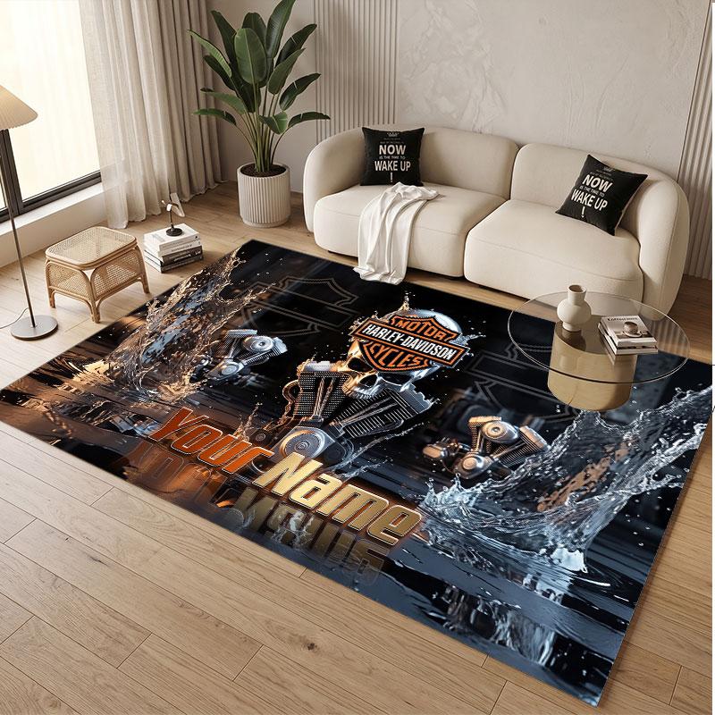 Custom Rug Harley-Davidson Pattern Print Name Text Soft Non‑Slip Floor Carpet for Home Indoor Decoration