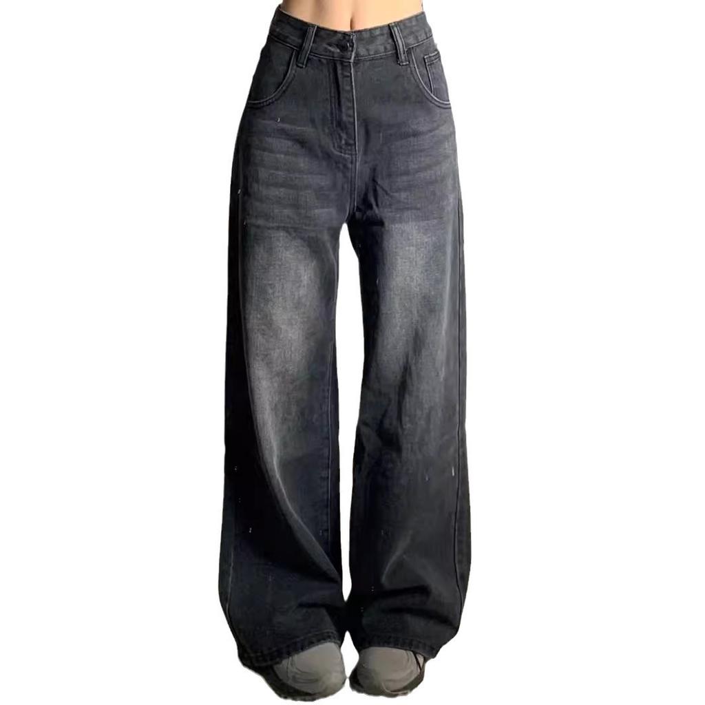 Svarte Jeans Dame Høy Midje Streetwear Baggy Casual Koreansk Mote Rett Vasket Denim Bukse