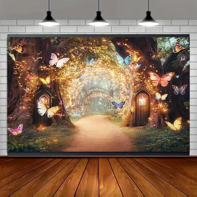 2D Glowing Forest Tapestry, Magical Tree Path with Butterflies & Lights Background Cloth