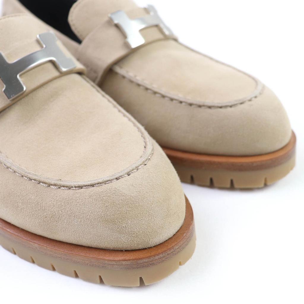 Hermes Lodičky, Mokasíny, Logo Faubourg H Kovová béžová Semišová kůže Dámské 35 Použité