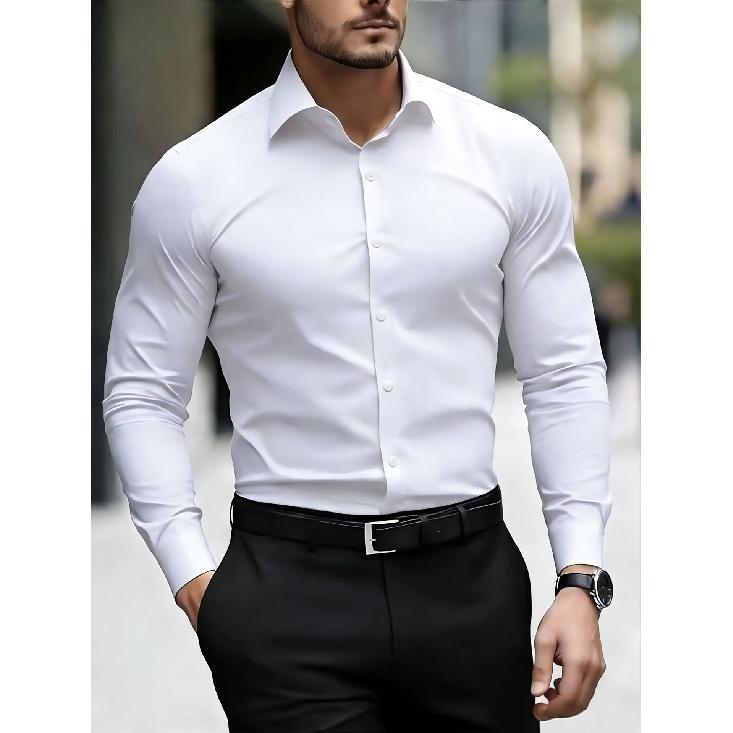 2026 New Men s Business Shirt Casual Solid Color Long Sleeve Top S белый