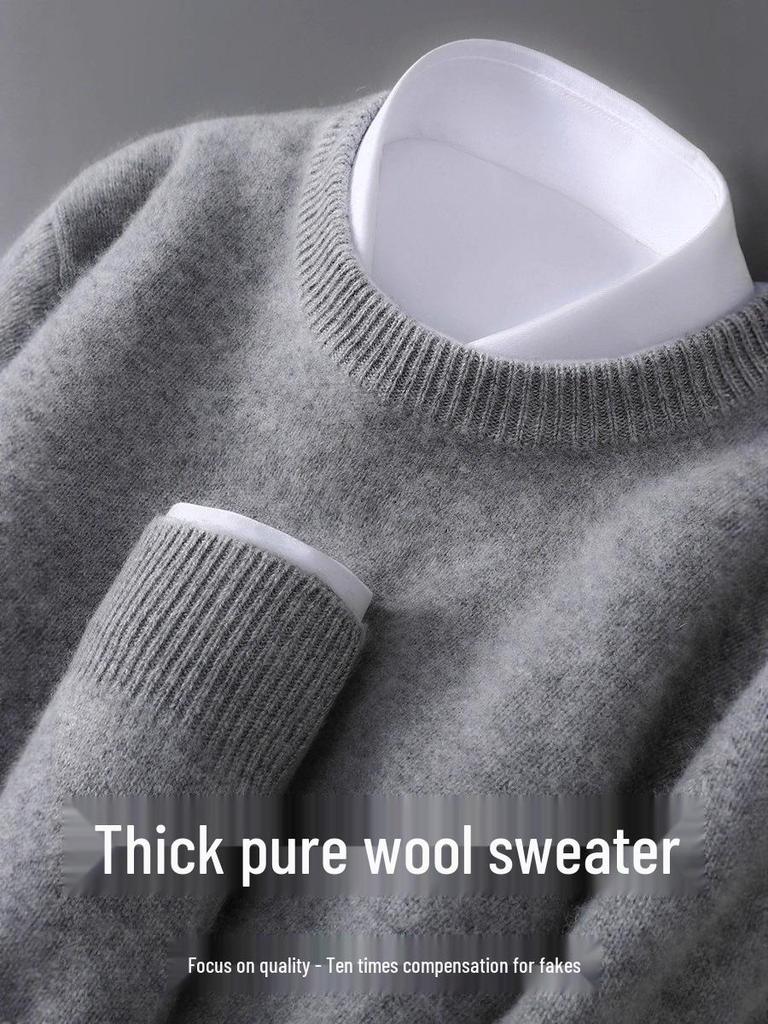 Herren Pullover aus reiner Wolle, schwer, Rundhalsausschnitt, lockere Passform, warm, einfarbig, ideale Basisschicht für Herbst/Winter.