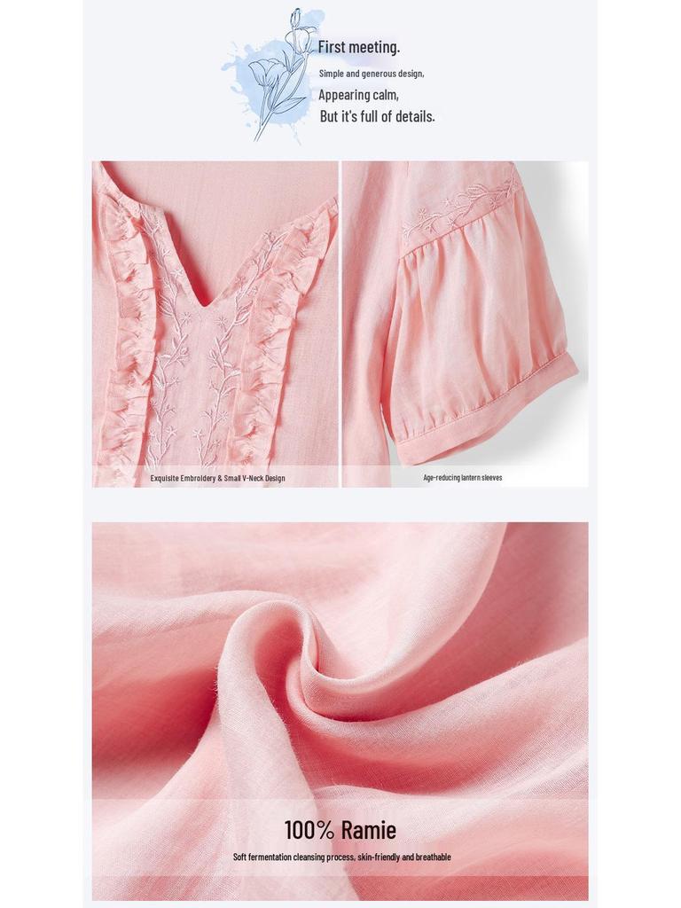 Women's Artistic Linen Dress, Summer 2026: Gentle Style, Age-Reducing, Ruffle Hem, Embroidered, Long Five-Point Sleeve.