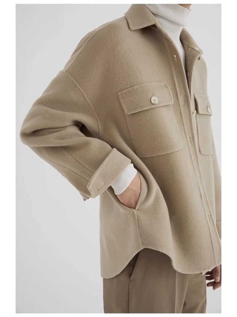 Men's Khaki Korean-Style Wool Coat: Autumn/Winter Loose Fit, Double-Sided Pocket Jacket