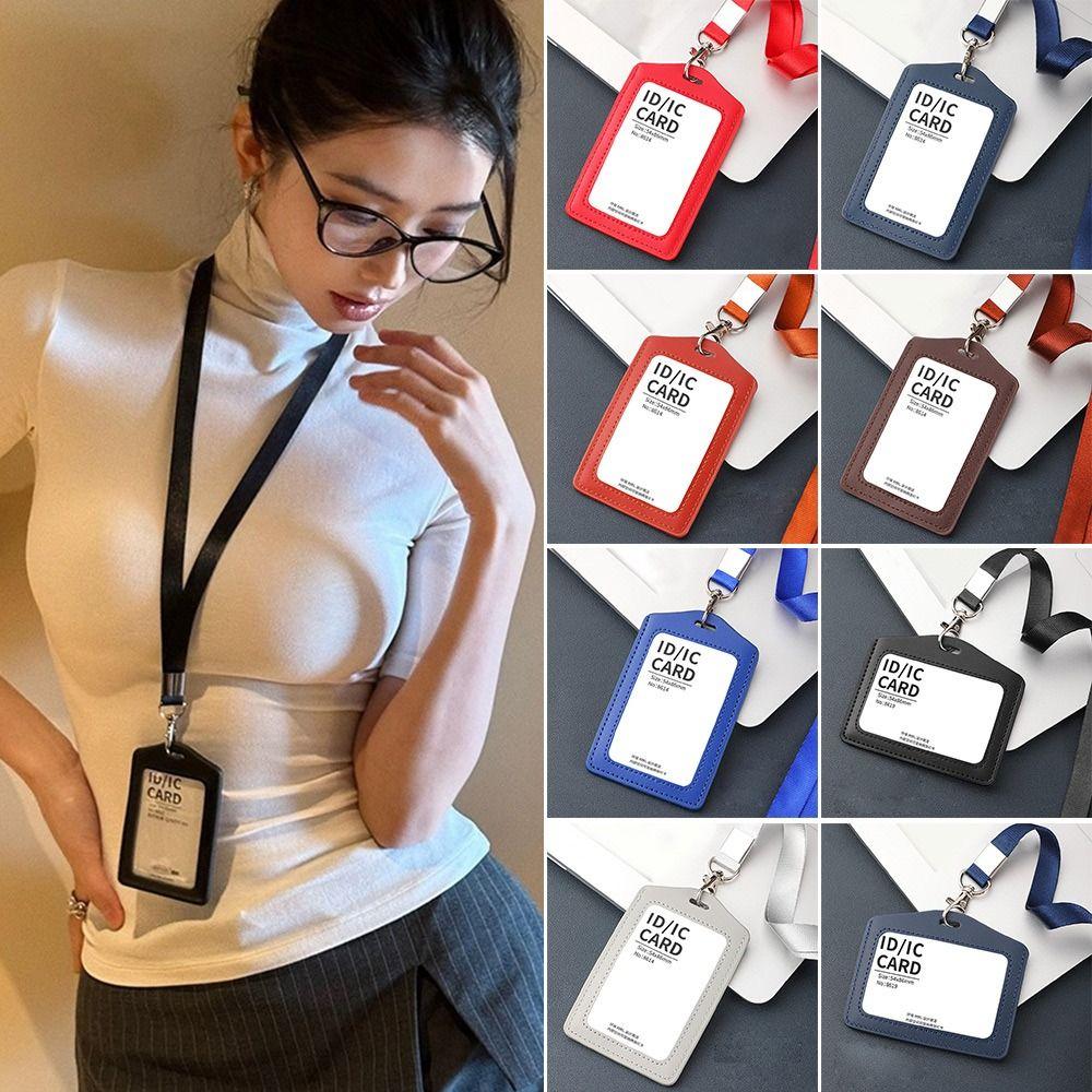 High Quality Genuine Leather Work Card Holder With Neck Lanyard Solid Color ID Card Cover Id Name Tag Business