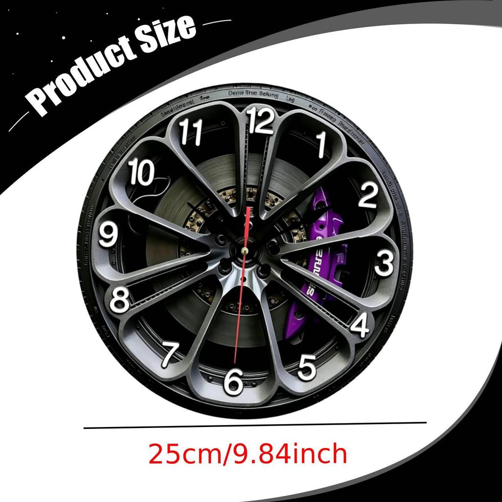 2D Car Wheel Hub Wall Clock Decor No Ticking Round for Cafe Bar Office Automotive Shop Living