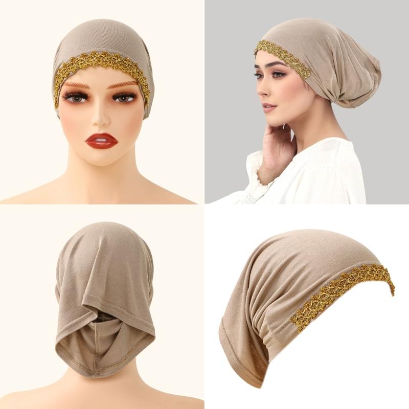 Elegant Lace Trim Hijab Cap Easy To Wear Stretchy Turban Hat For Islamic Women Formal Casual Religious Event Gathering