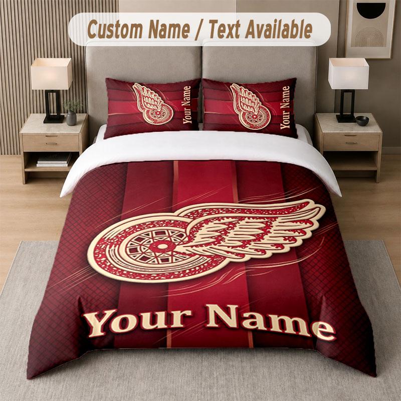 Custom Bedding Set Detroit Red Wings Pattern, Print Name Text 1 Duvet Cover Plus 2 Pillowcases Home Textile
