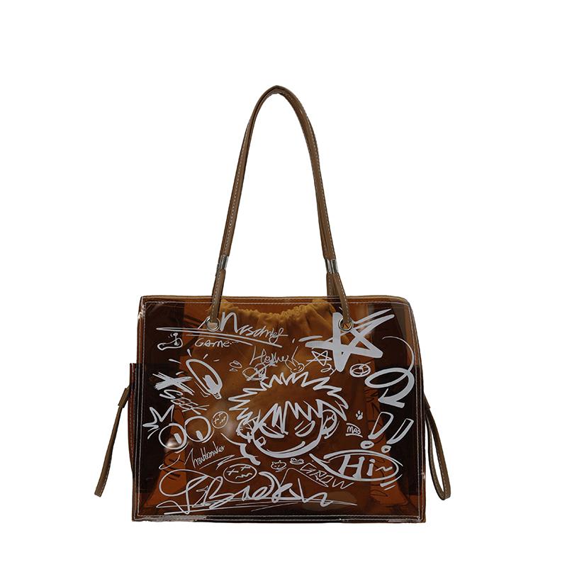 Streetwear Graffiti Clear PVC Tote Bags for Women Hot Sale Large Waterproof Shoulder Bag Casual Y2K Aesthetic Transparent Bag