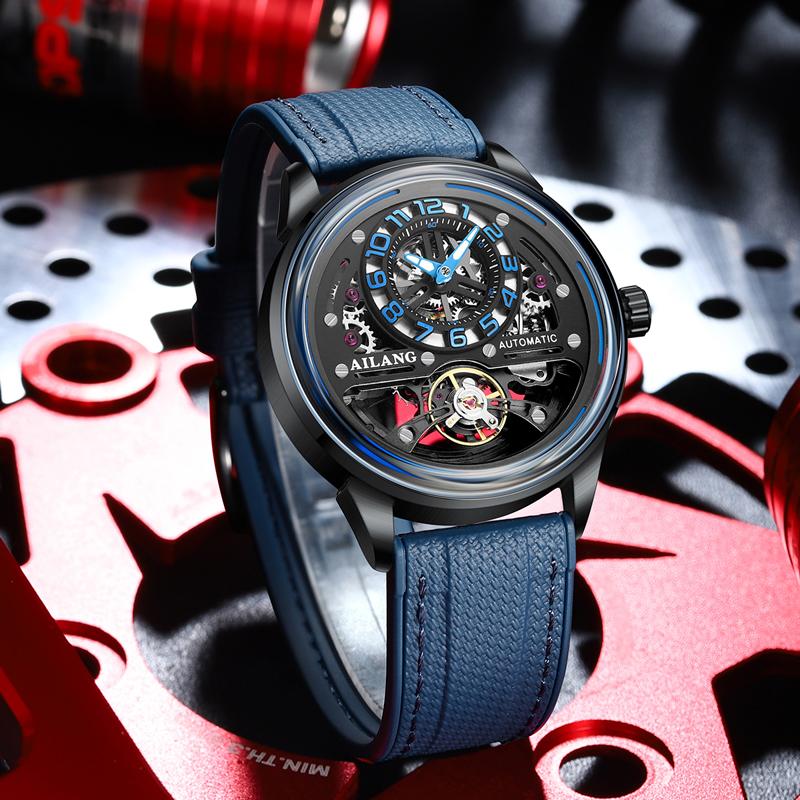 AILANG Black Tourbillon Mechanical Men's Watch Skeleton Automatic Watch For Men Waterproof Male Hand Clock