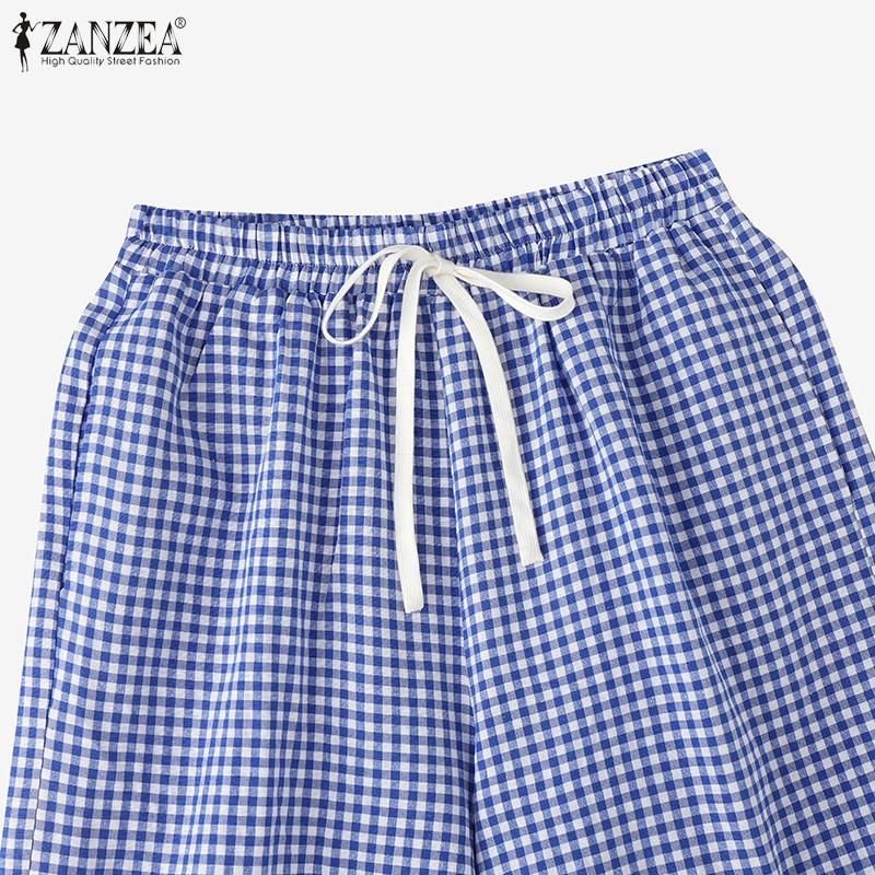 ZANZEA Women Casual Elastic Waist Loose Plaid Print Summer Shorts