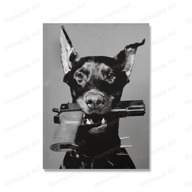 Modern Fashion Doberman Gun Luxury Dog Posters Prints Canvas Painting Nordic Black White Wall Art Pictures for Office Home Decor