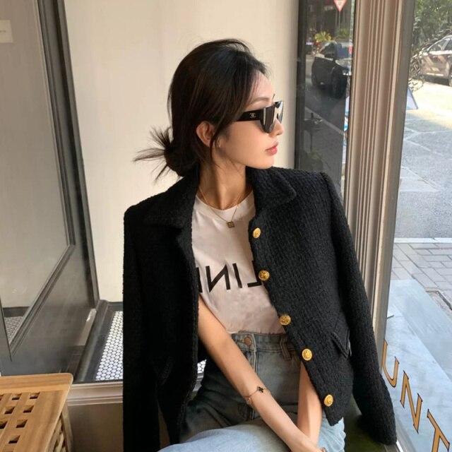 

Черное однобортное твидовое пальто с воротником с лацканами и длинными рукавами, с завышенной талией, золотая пуговица на пуговицах, готическая куртка Mall, новая осенне-зимняя куртка M чёрный