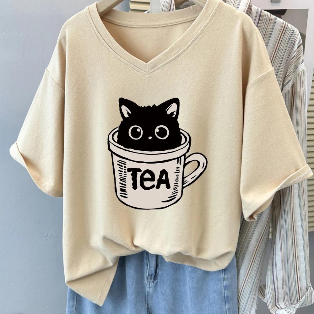 Plus Size 6XL 150KG Summer Cat Print Women's T-shirt Short Sleeve V Neck Lady Tops Big Large Size T Shirt Woman Clothing